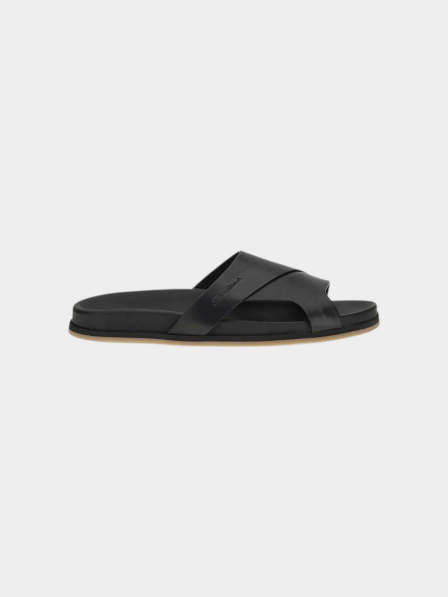 Santoni Black Calf Leather Bos Taurus Flat Sandals