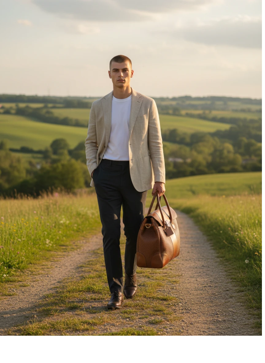 Lux Brunello Cucinelli brown calf leather travel bag with woven detail, flap closure, double handles, and silver hardware.