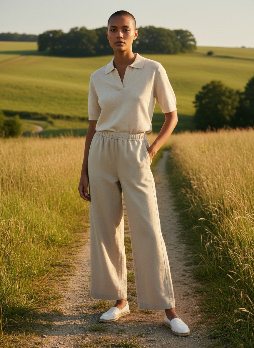 Max Mara beige linen and silk blend wide-leg casual pants with elasticated waistband and side pockets.